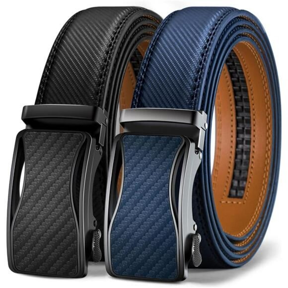 Mens Leather Ratchet Belt Adjustable Slide Buckle Dress Casual Belt 2 Pack - Picture 1 of 7